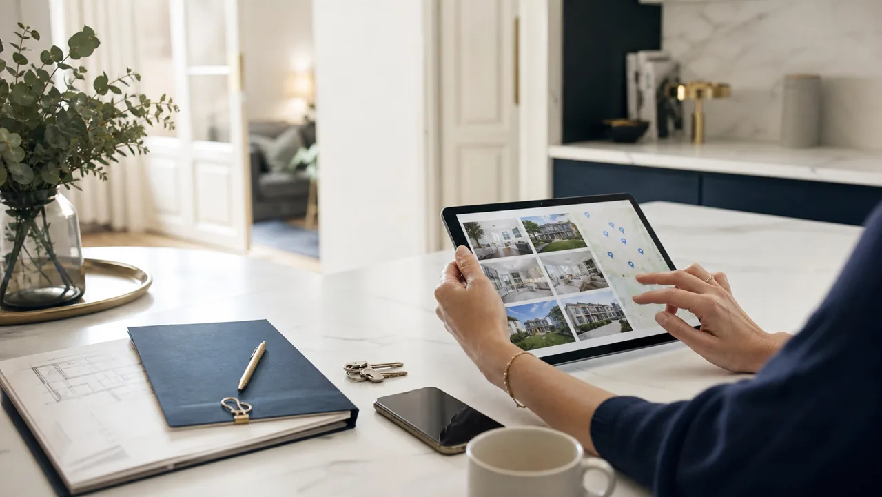 Tablet mit Immobilienauswahl, Schlüssel und Notizen als Symbolbild für einen Suchauftrag bei Homes.NRW